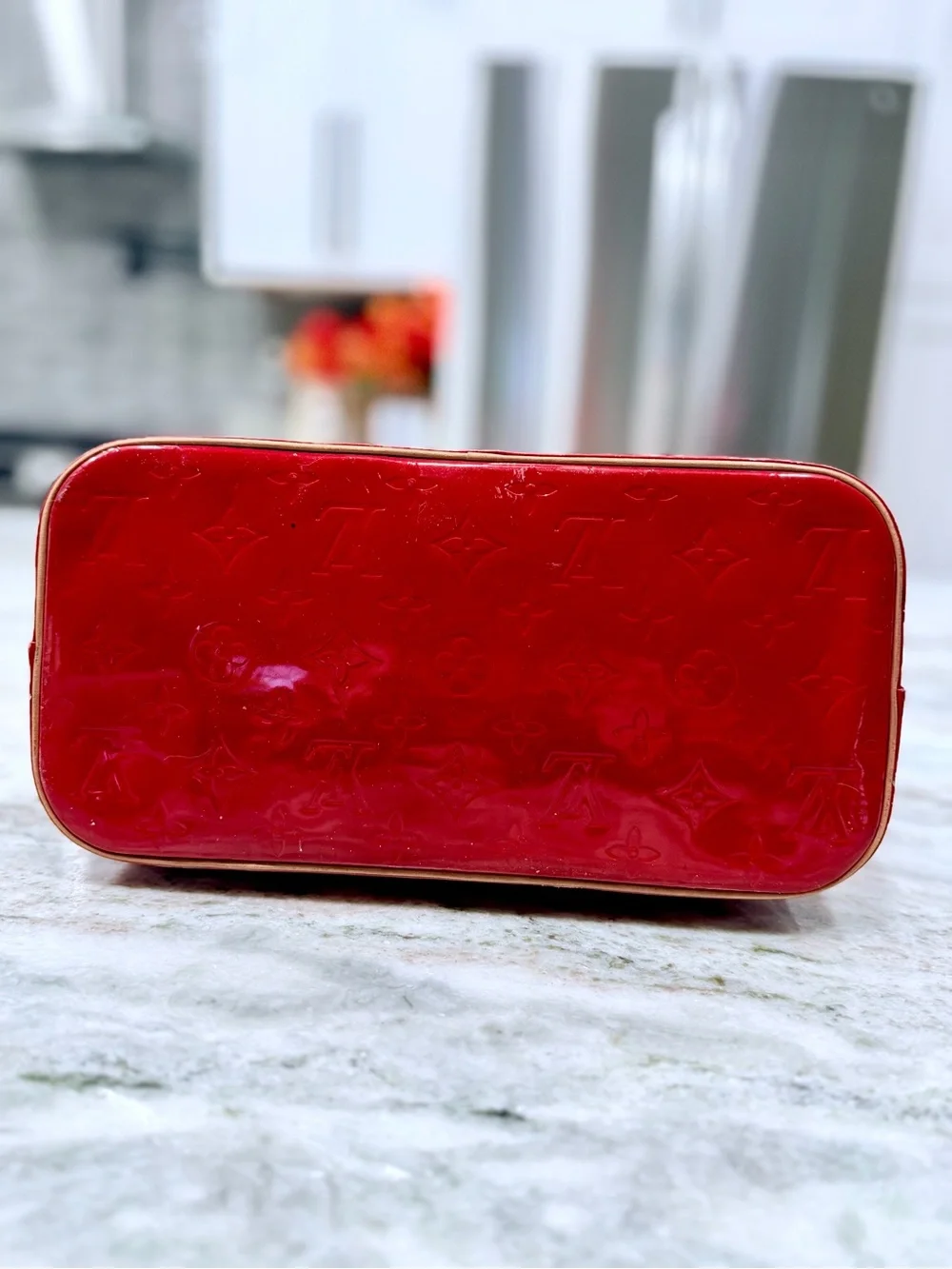 Louis Vuitton Authentic Red Patent Tote Bag with Leather Handless/Trim